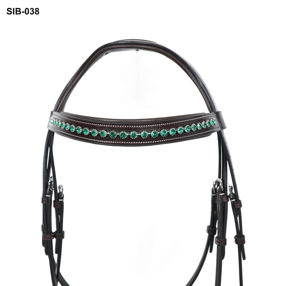 Horse Masters Hunt Bridle With Ergonomic Crown Green Diamante And Reins
