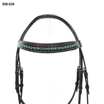 Horse Masters Hunt Bridle With Ergonomic Crown Green Diamante And Reins