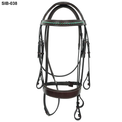 Horse Masters Hunt Bridle With Ergonomic Crown Green Diamante And Reins