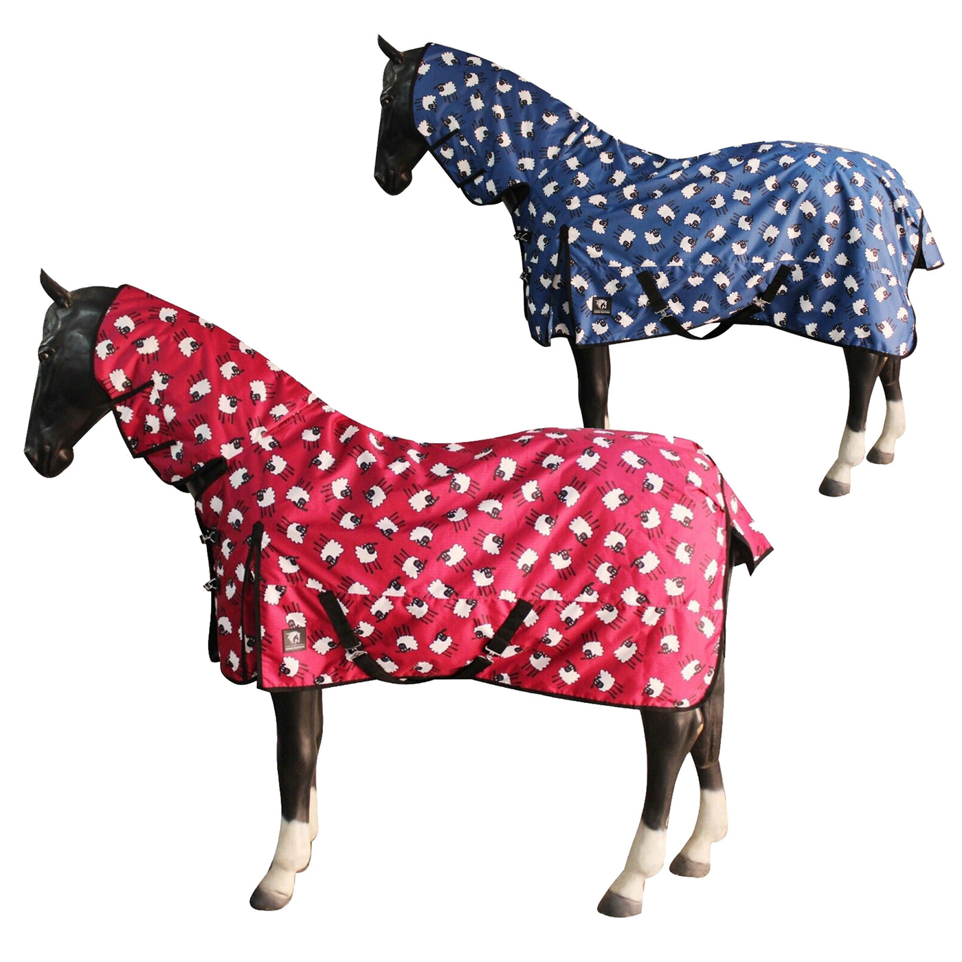 Horse Masters Full Neck Animal Sheep Print Turnout Rug 100g Red and Blue