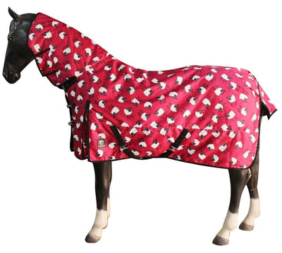 Horse Masters Full Neck Animal Sheep Print Turnout Rug 100g Red and Blue